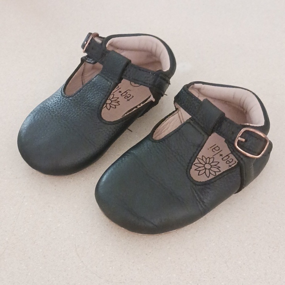 Teg+Lai  T Strap Black Rubber Flex Sole Shoes